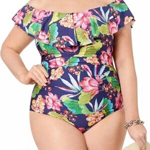 LA BLANCA MIDNIGHTBLUE BORA BORA OFF-THE-SHOULDER RUFFLE TUMMY-CONTROL ONE-PIECE